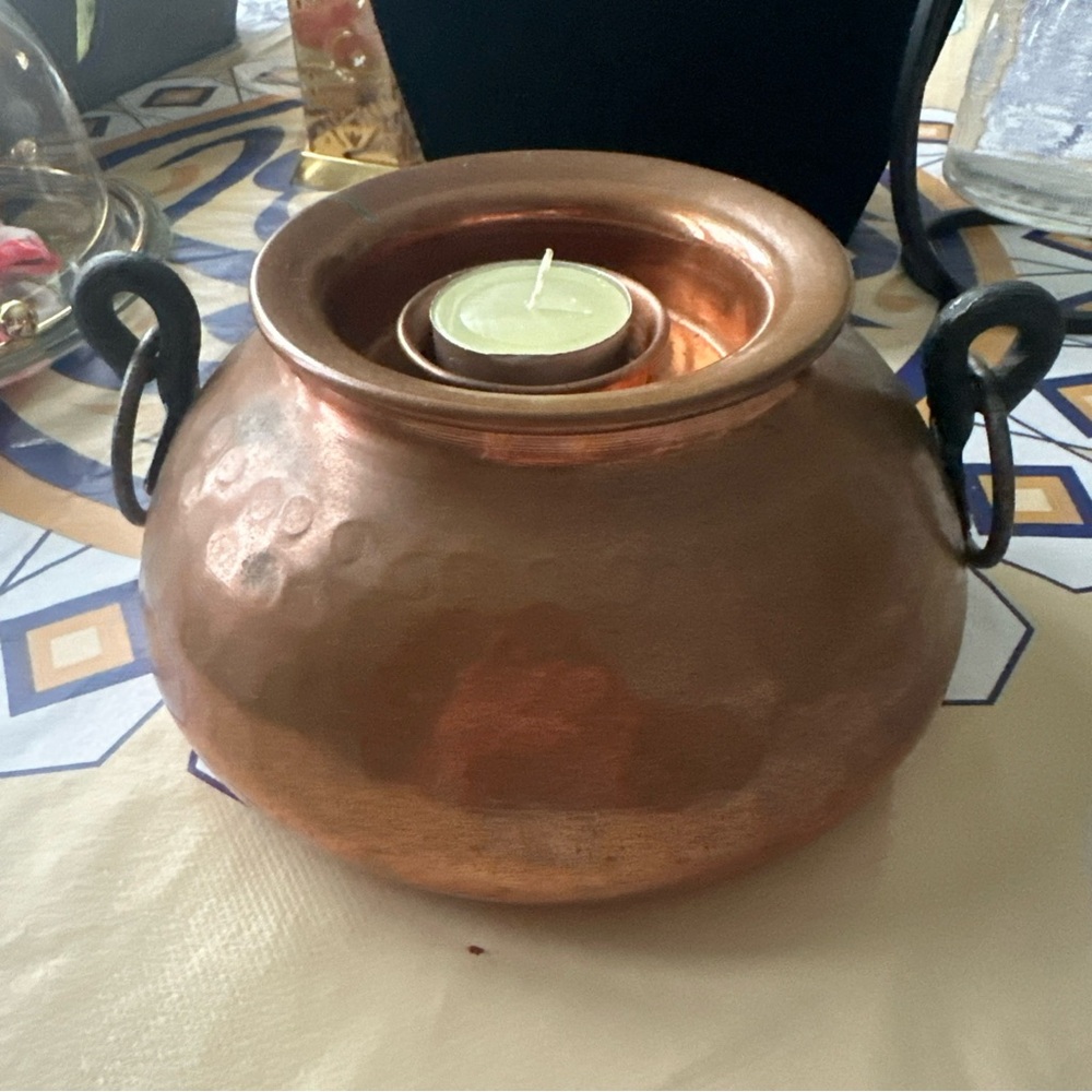 100% Hammered Copper Pot with Candle Insert - Rustic Copper Finish